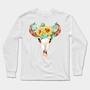 Sunflower bouquet, bull skull, sunflower skull, sunflowers, watercolor, painted sunflowers Long Sleeve T-Shirt